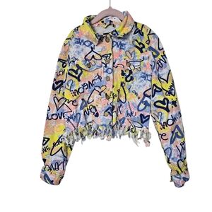 Girls Colorful Graffiti Heart Love Button Down Jacket 10/12
